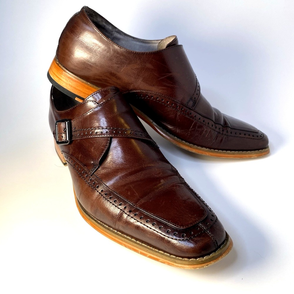 Size 9 Men's Giovanni Shoes High Quality Leather Monk Strap Buckle AMATO Brown